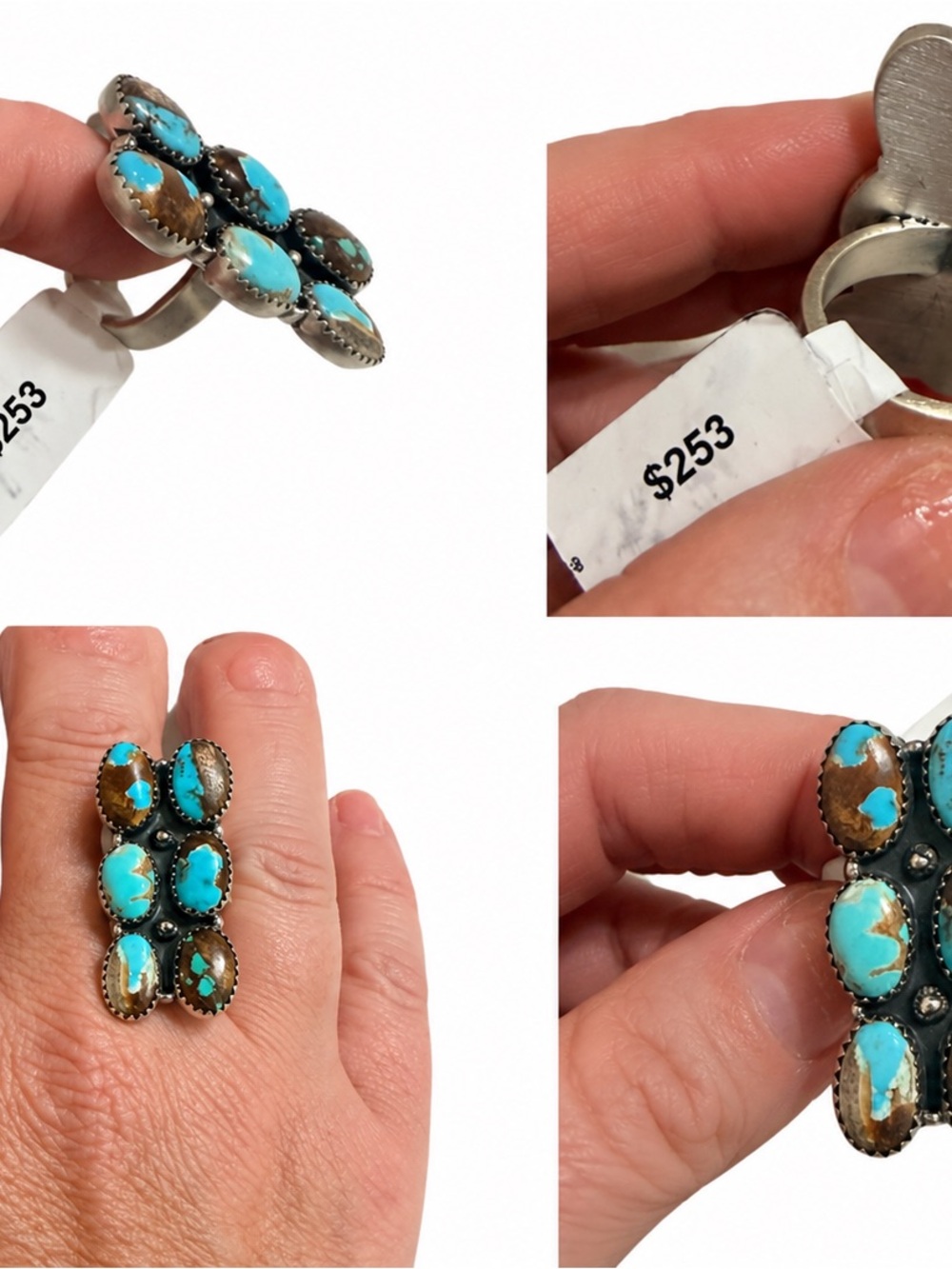 Turquoise & Brown Stone Cluster Ring - Women Jewelry